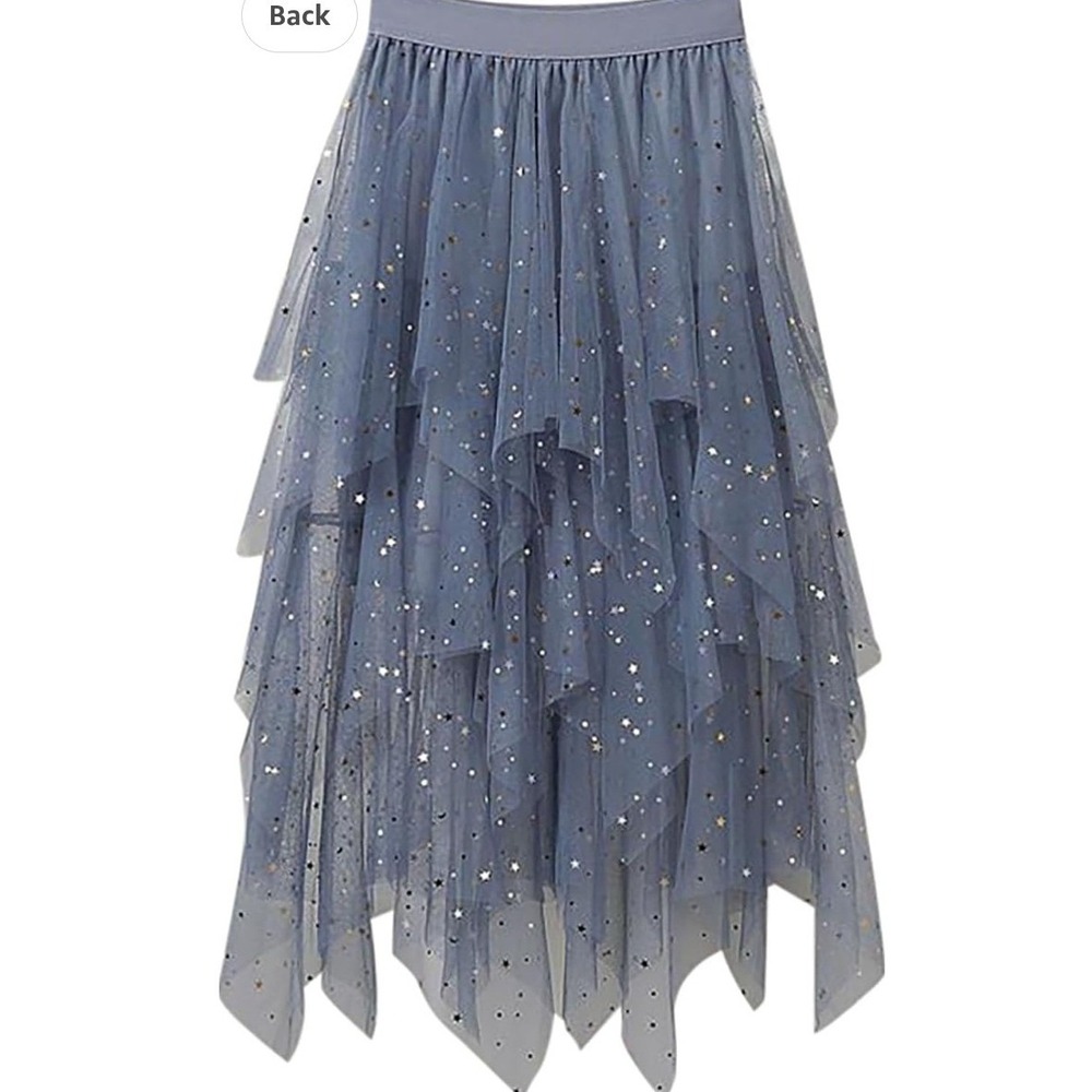 Fairycore Whimsigoth Blue Tulle Celestial Star Moon Skirt M Handkerchief Hem M